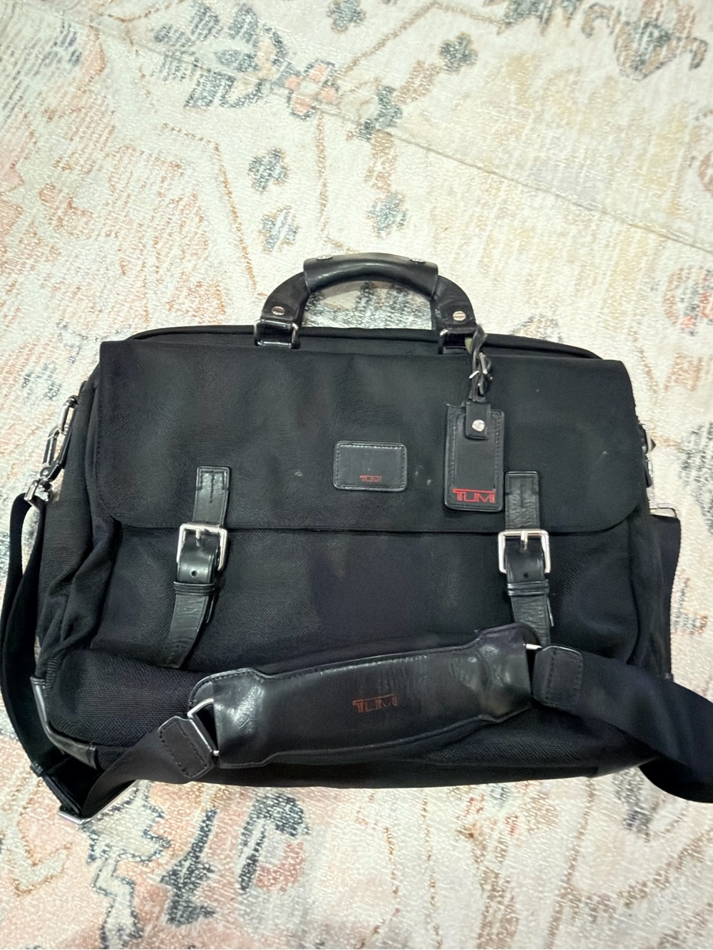 Tumi Black Nylon Briefcase with Leather Trim and Silver Hardware